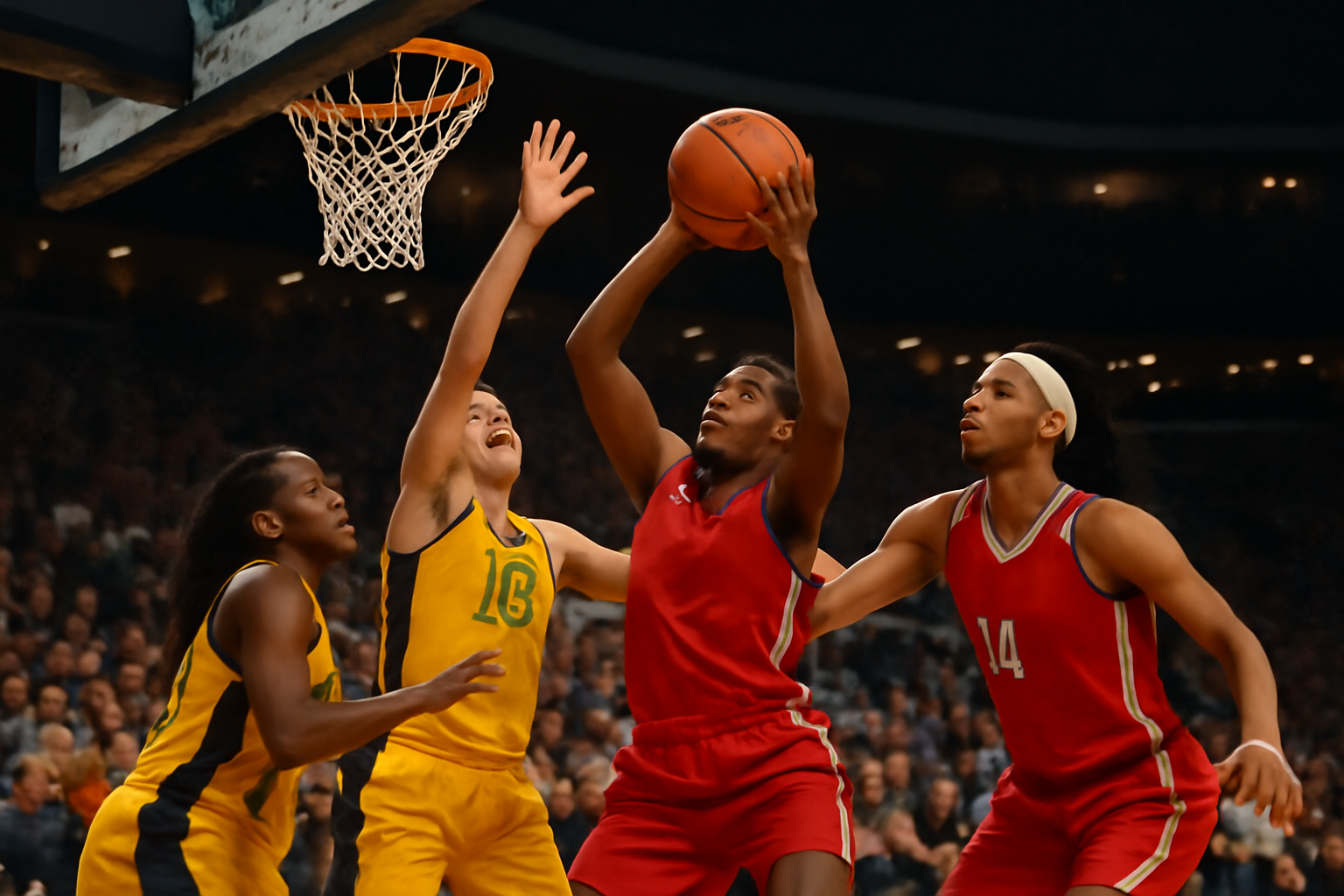 Basketball players from two WNBA teams battling for position under the hoop during a playoff game