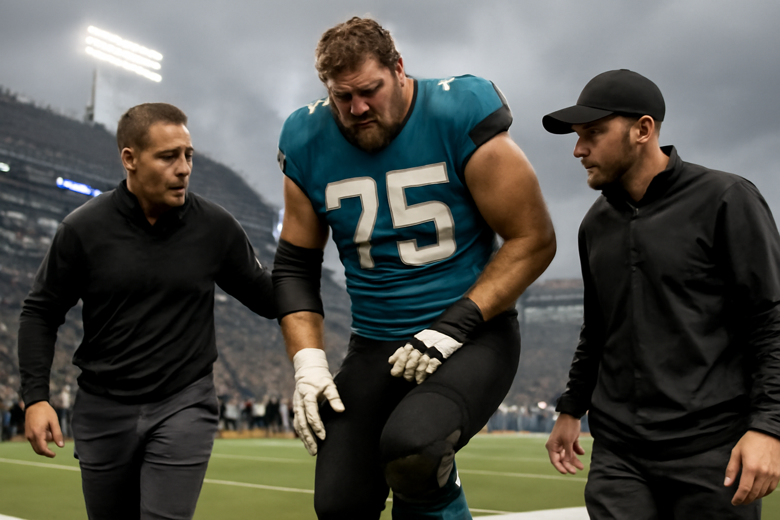 An NFL offensive lineman in a Jacksonville Jaguars uniform standing on the sideline with a brace on one knee