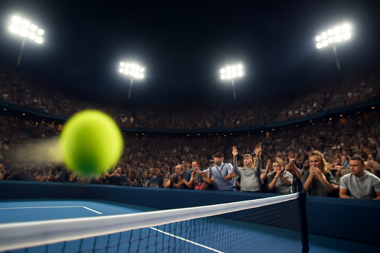 Tennis ball flying into stadium stands above a front-row spectator during a professional match