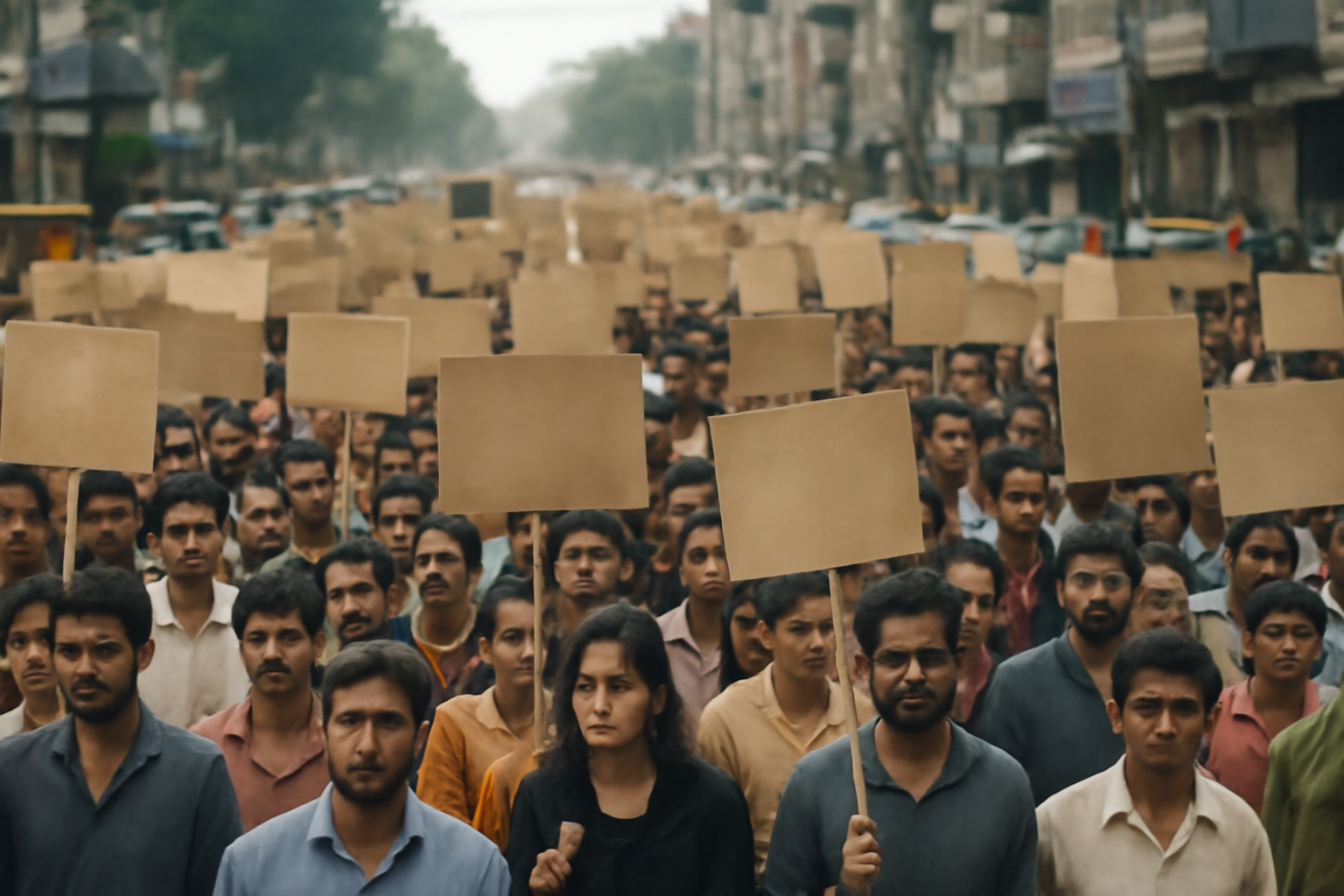 A crowd of demonstrators holding signs on a city street in India during a protest march