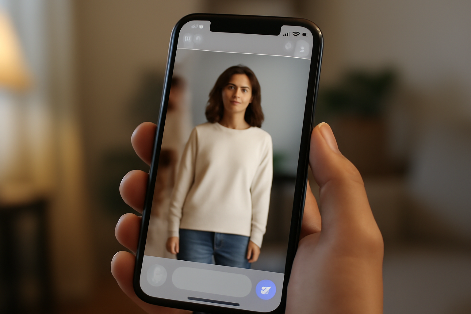 Smartphone screen showing an AI chat app generating a virtual try-on image of a jacket over a person's photo