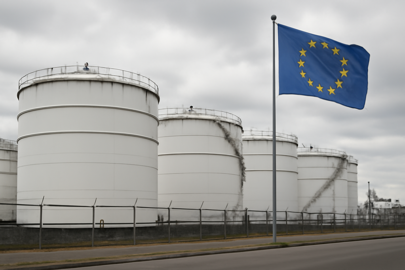 Oil storage tanks under a cloudy sky with a European Union flag visible nearby