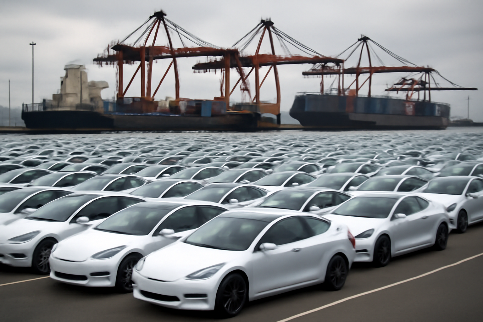 Rows of Chinese-made electric vehicles parked at a port terminal awaiting export shipment.