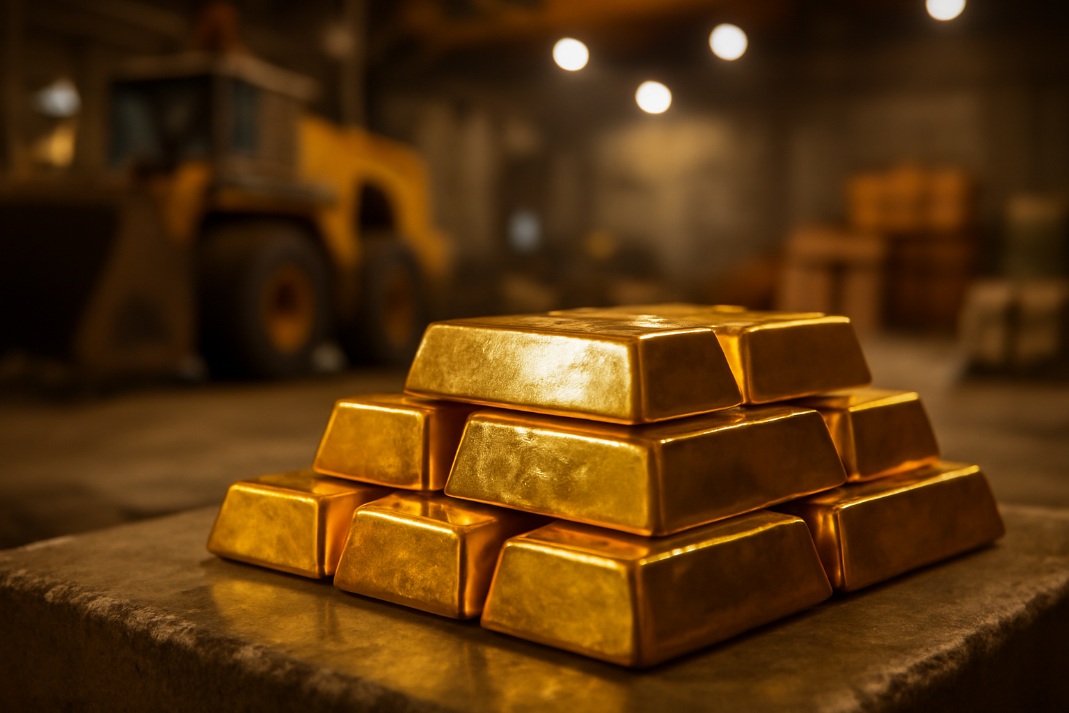 Gold bars stacked on a table with mining equipment in a dim warehouse setting