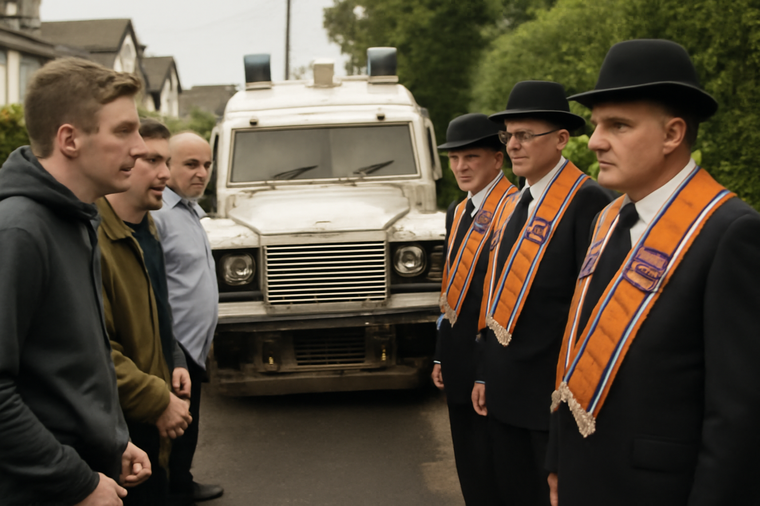 Orange Order marchers in bowler hats and sashes standing near a church hall as police form a line facing a crowd of protesters on a residential road