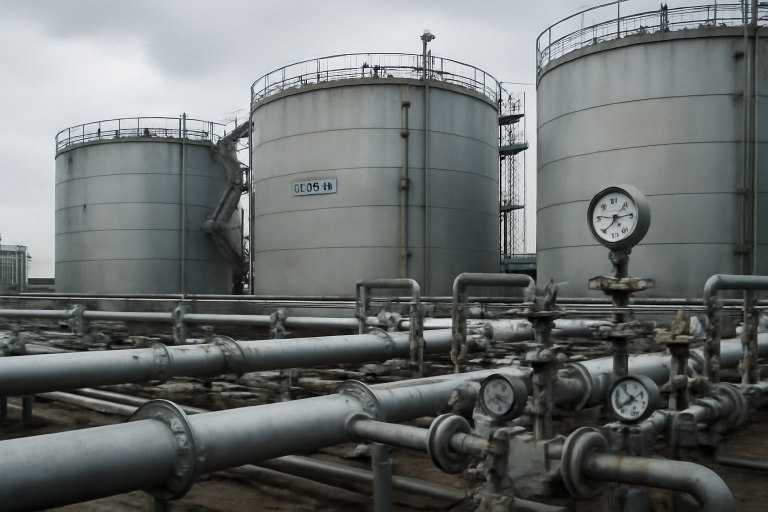 Diesel storage tanks at a European fuel terminal under overcast sky