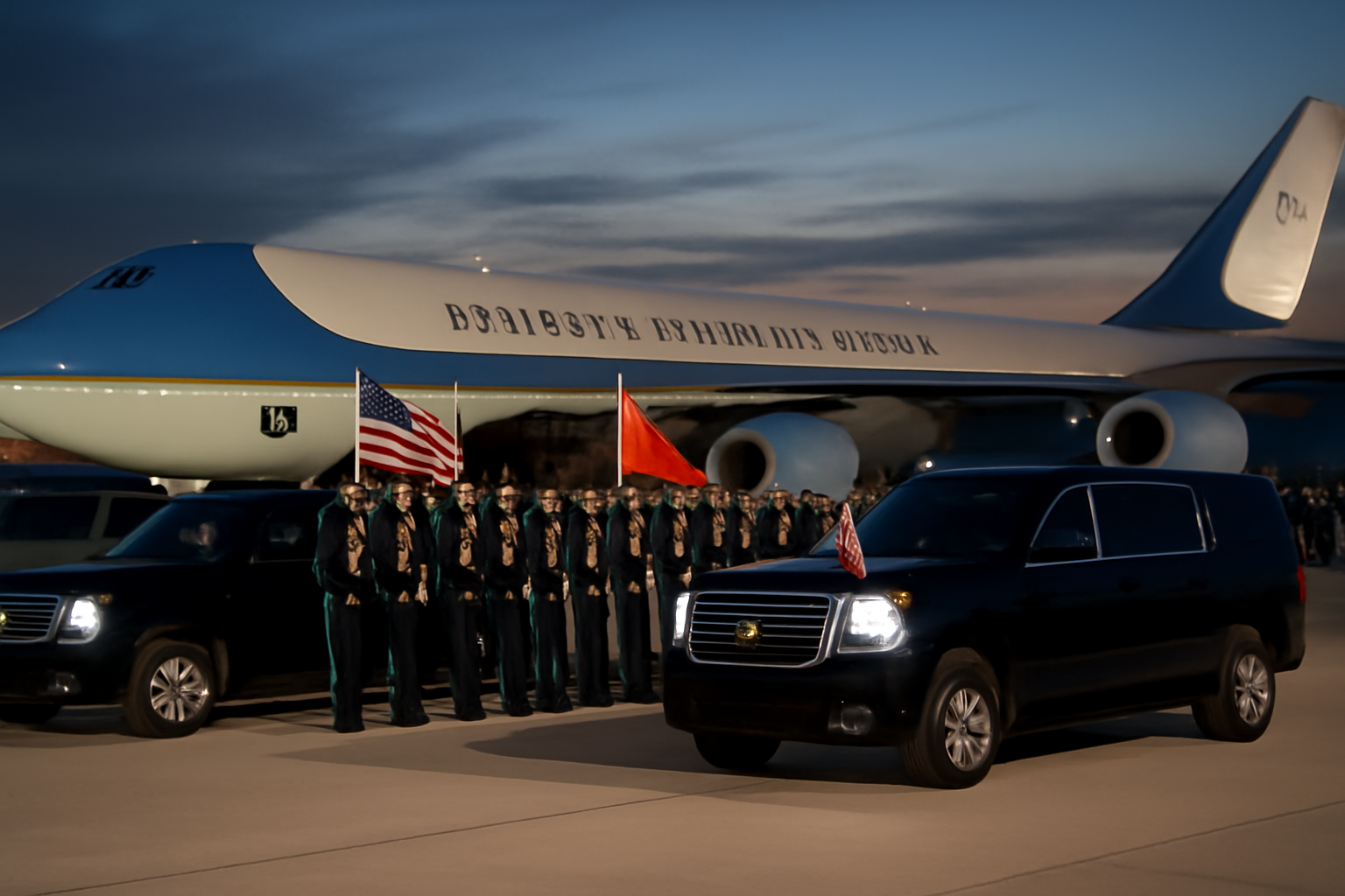 A presidential motorcade and honor guard positioned near a military aircraft on a tarmac at dusk