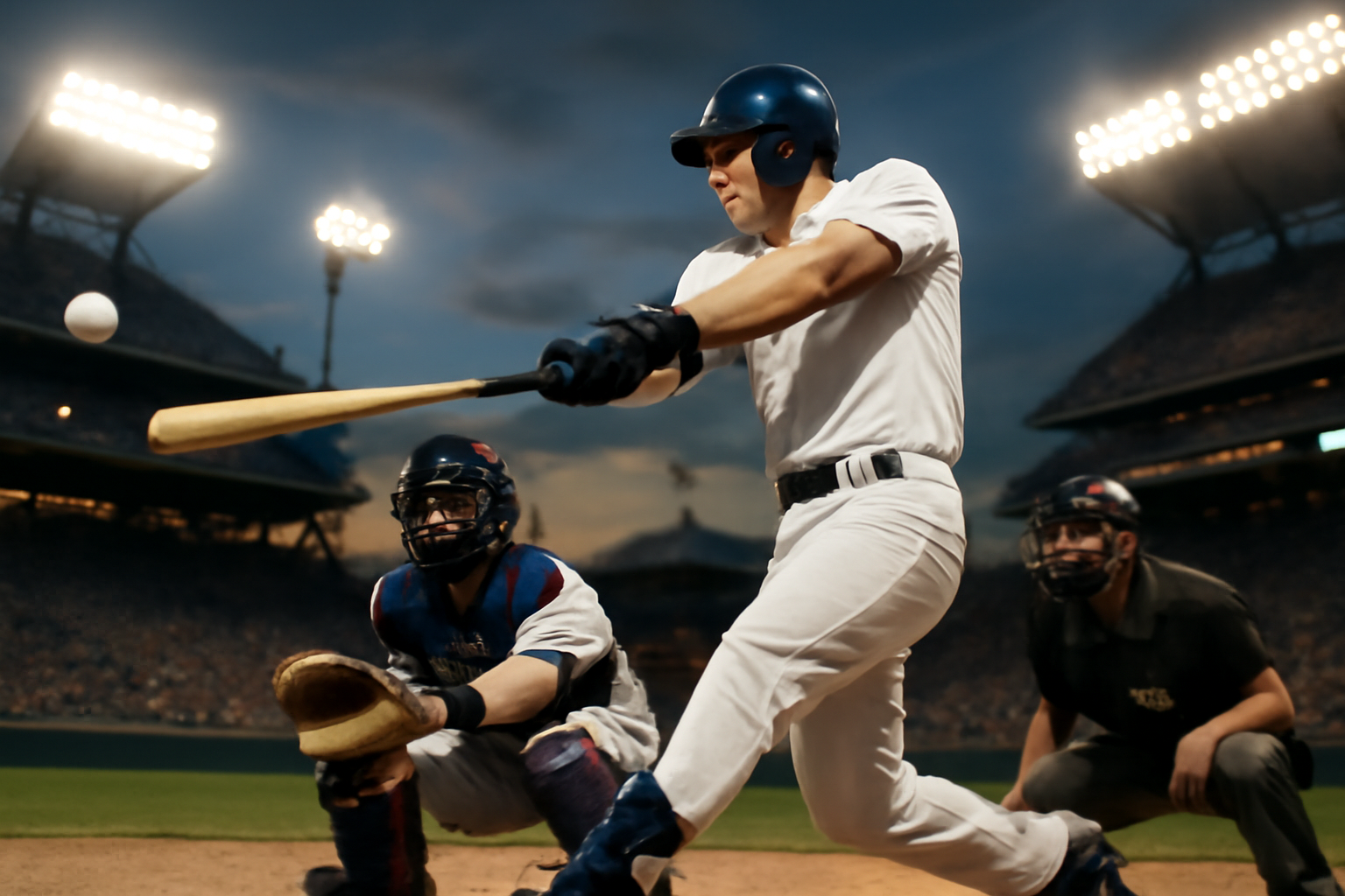 Baseball player swinging and missing at a pitch under stadium lights