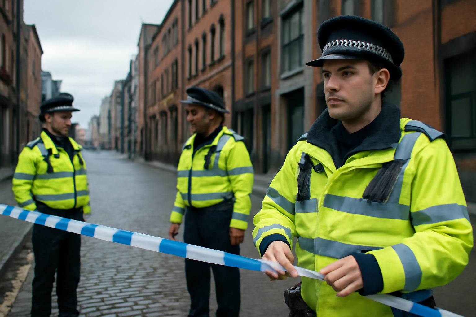 Police tape cordoning off a city center street in Manchester near a block of flats
