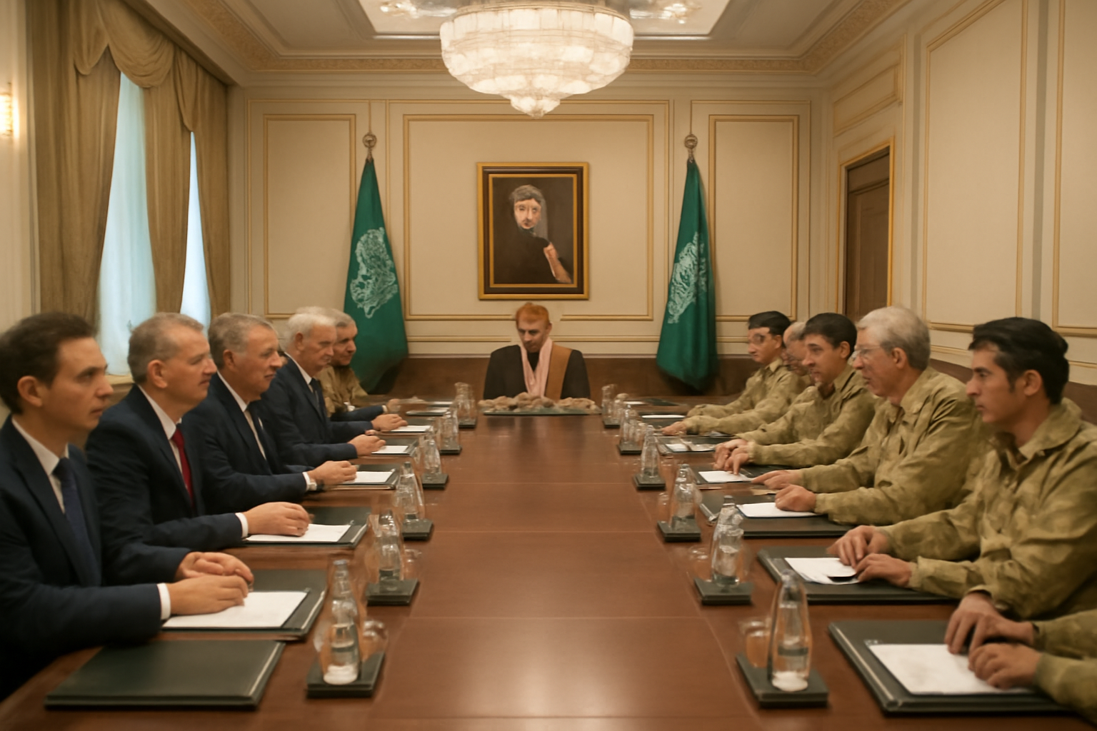 Military and defence officials seated at a formal meeting table in a government building in Riyadh