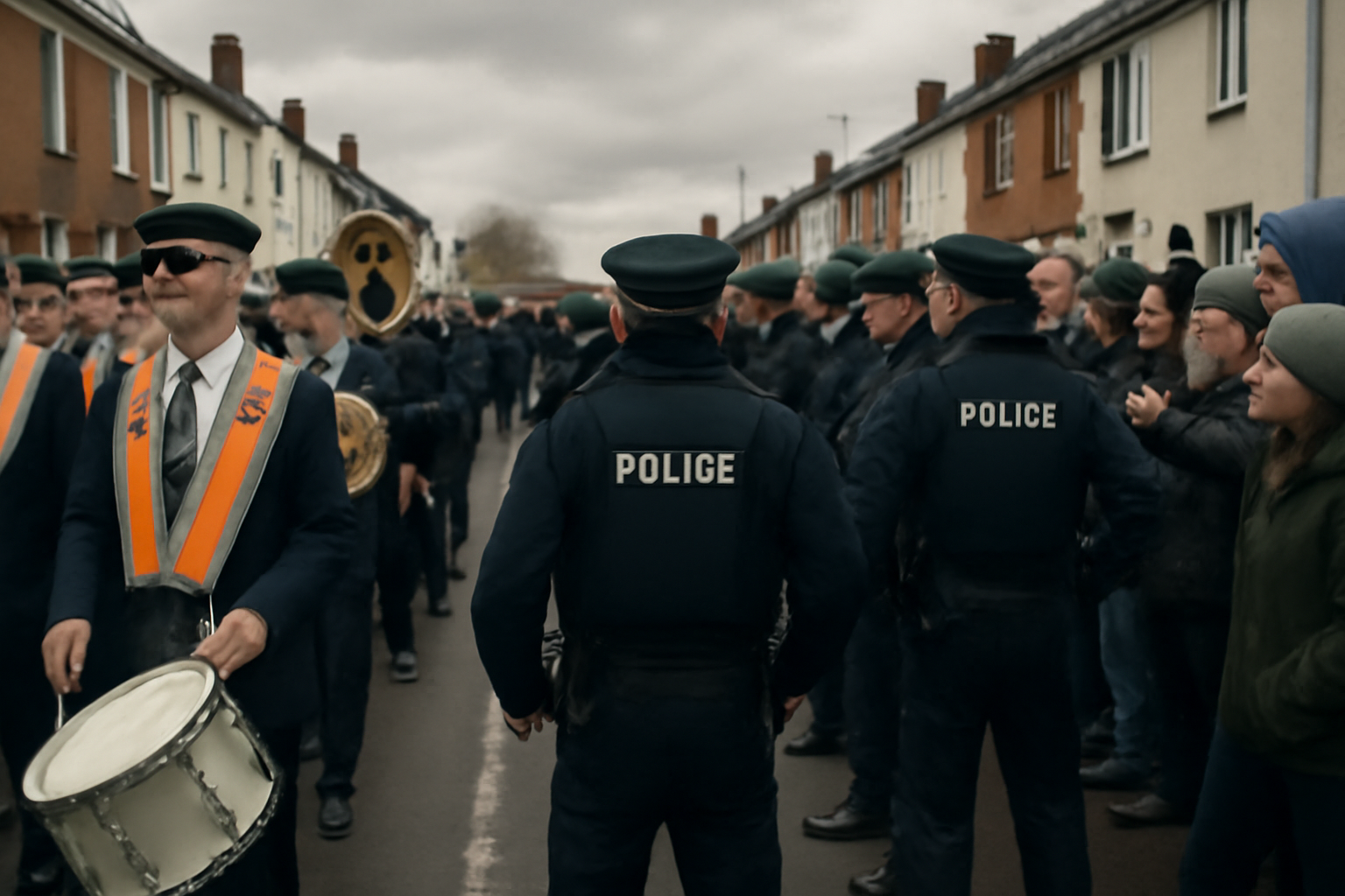 Police officers standing in a line between a marching band and a crowd of protesters on a Northern Ireland street