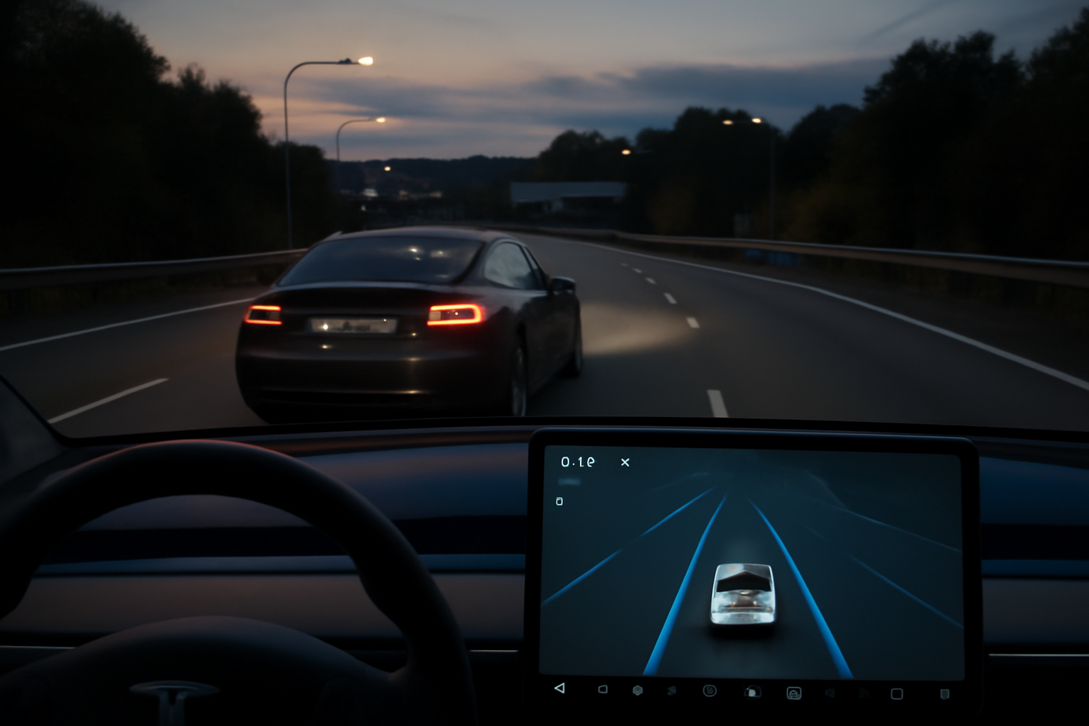 A Tesla vehicle on a European highway with its driver-assistance display illuminated on the dashboard