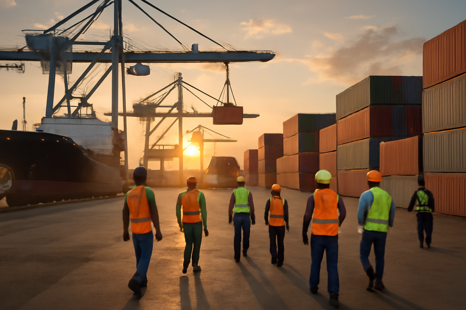African container port with cranes loading cargo ships at sunrise