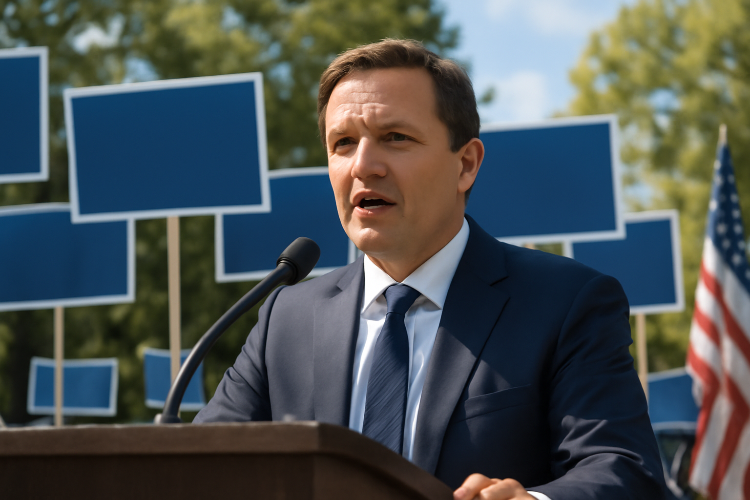 Steve Hilton speaking at a podium during a campaign event in California