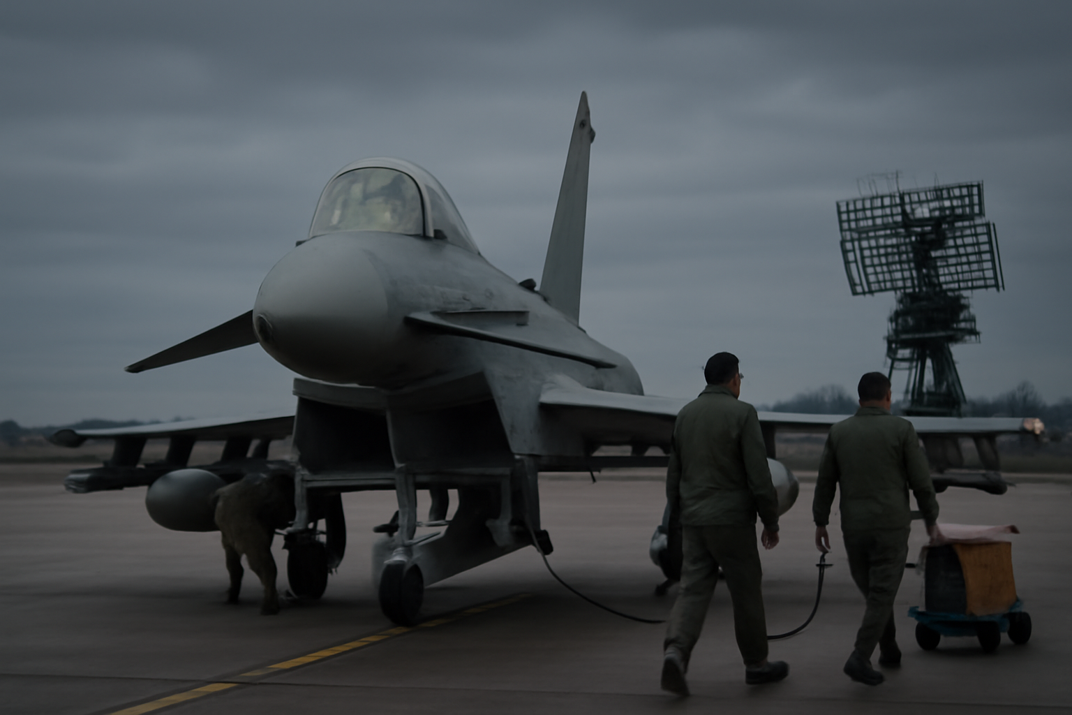 NATO fighter jet on a runway with ground crew near air defense equipment on Europe's eastern flank
