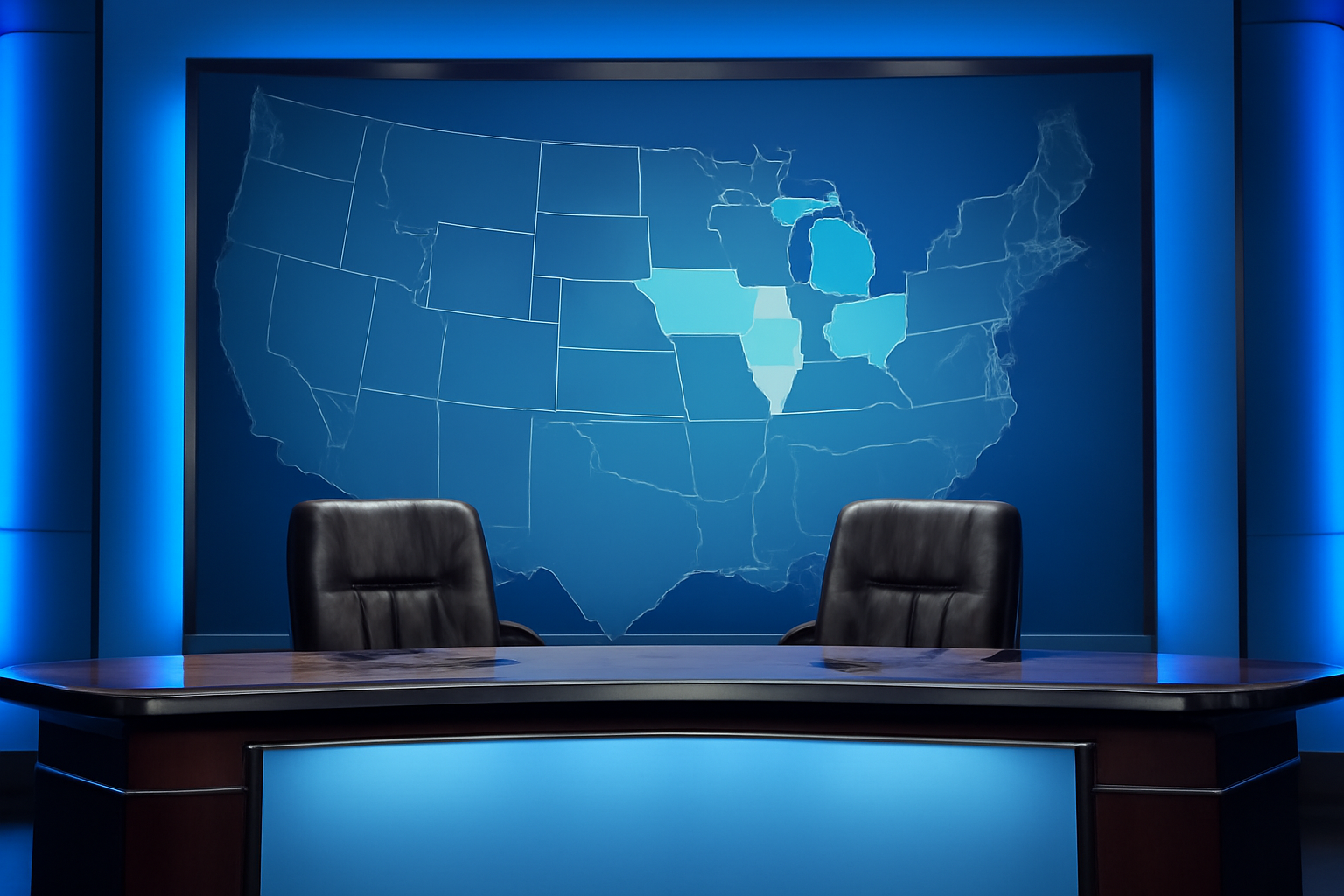 Television news studio interview set with a backlit map graphic highlighting Iowa and Ohio