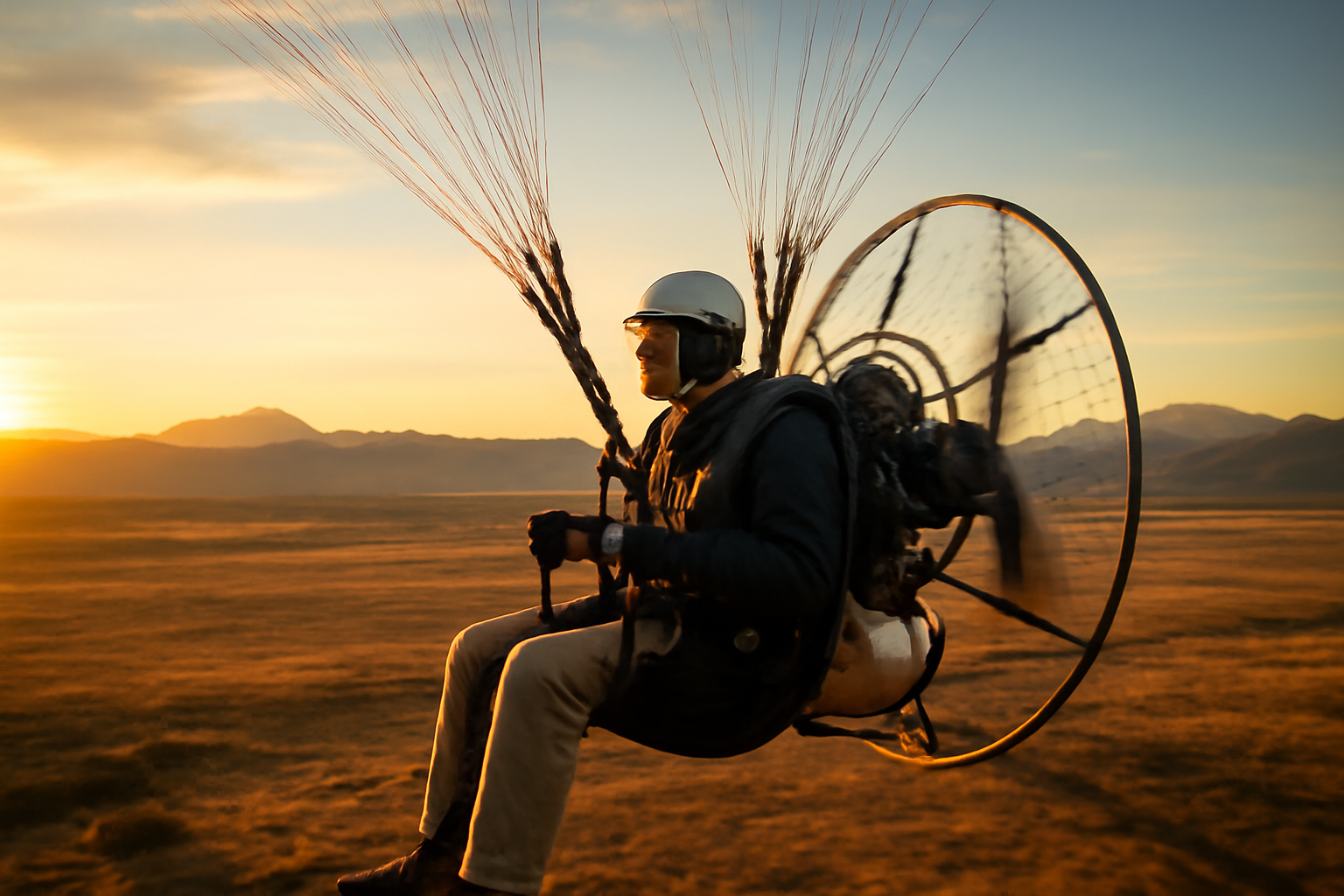 A paraglider pilot in a harness and helmet soars over a rural Colorado landscape at sunrise