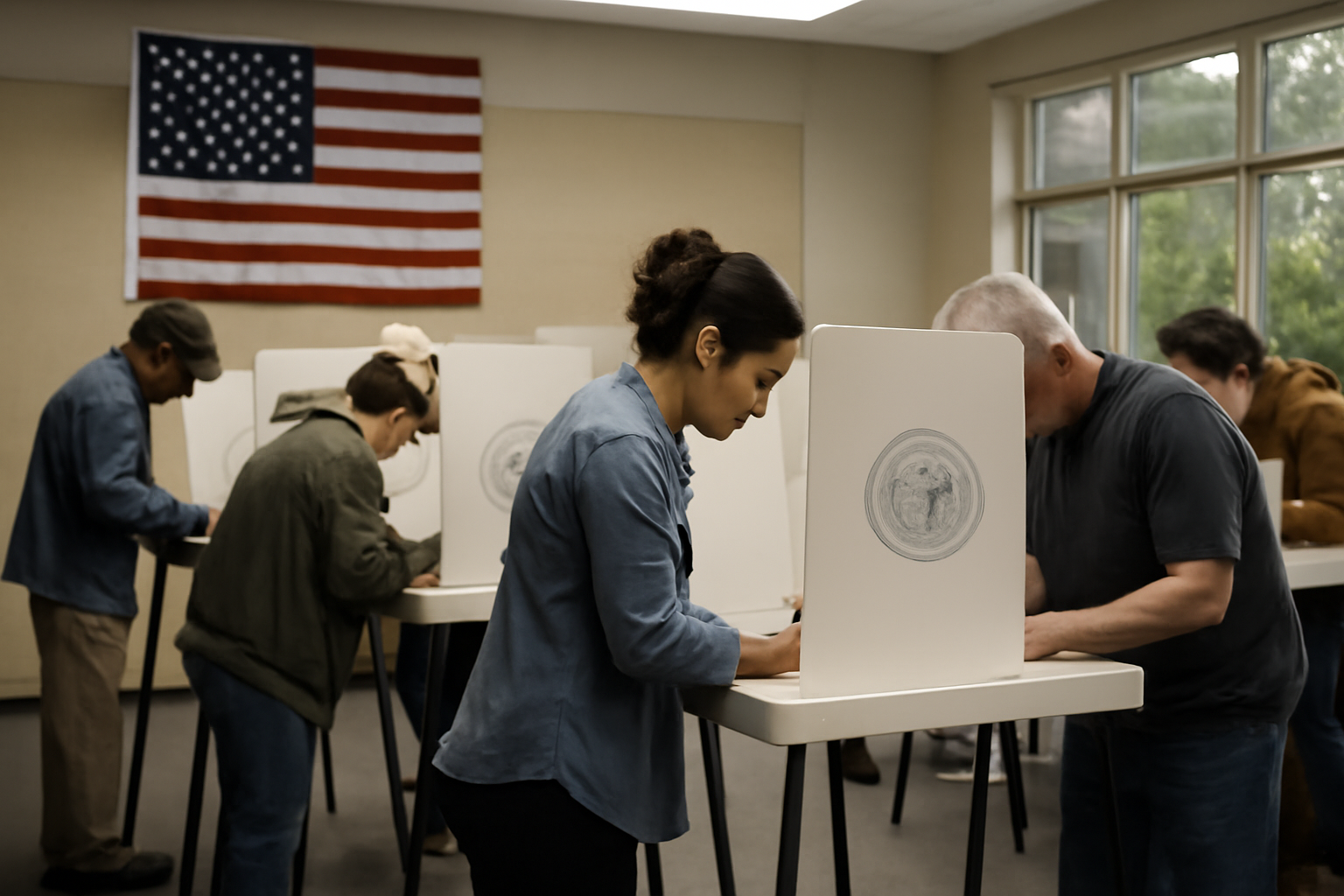 Voters filling out ballots at a polling location inside a Los Angeles government building