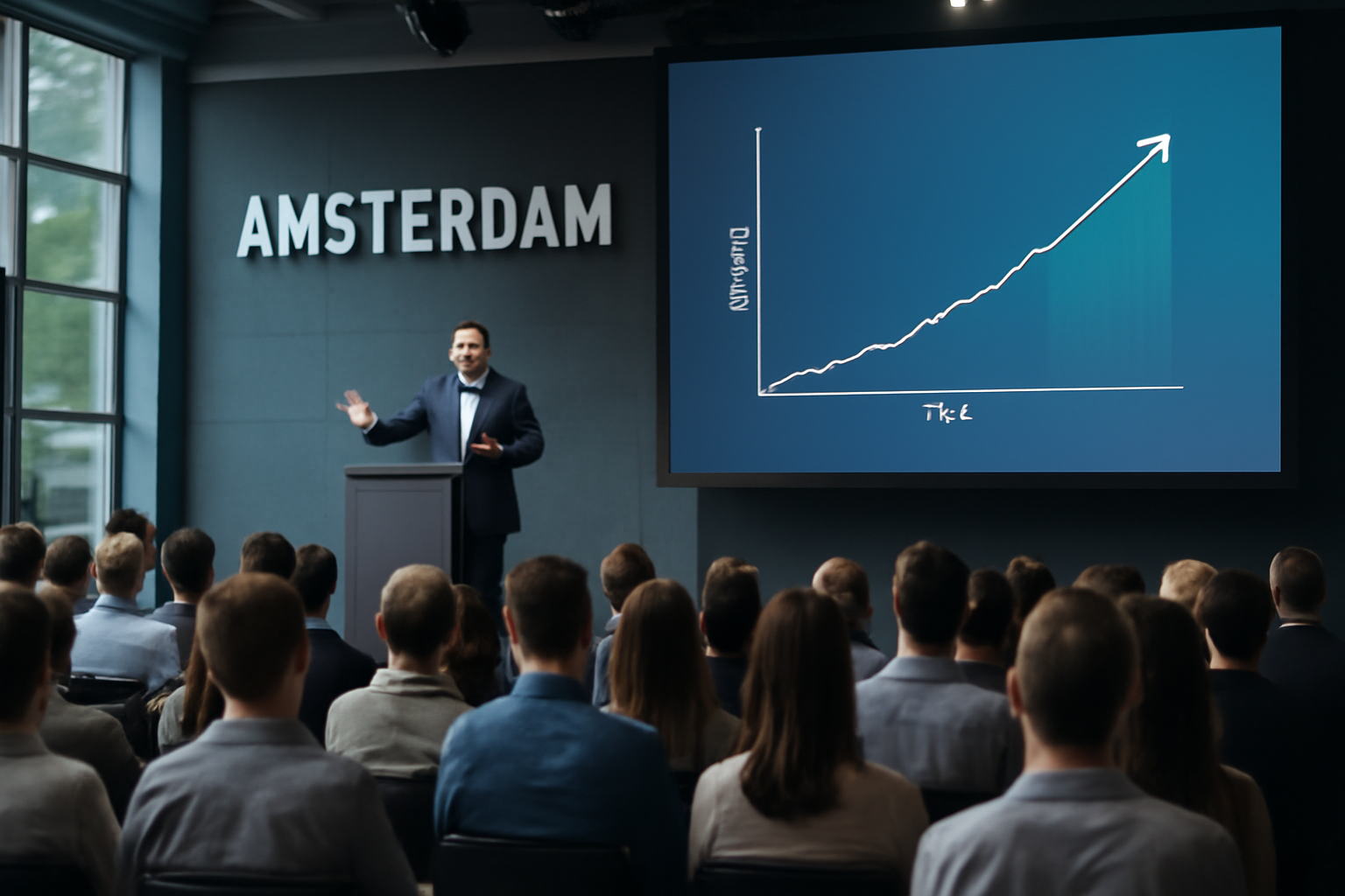 A presenter speaks on stage at a technology conference with a large screen displaying revenue growth charts