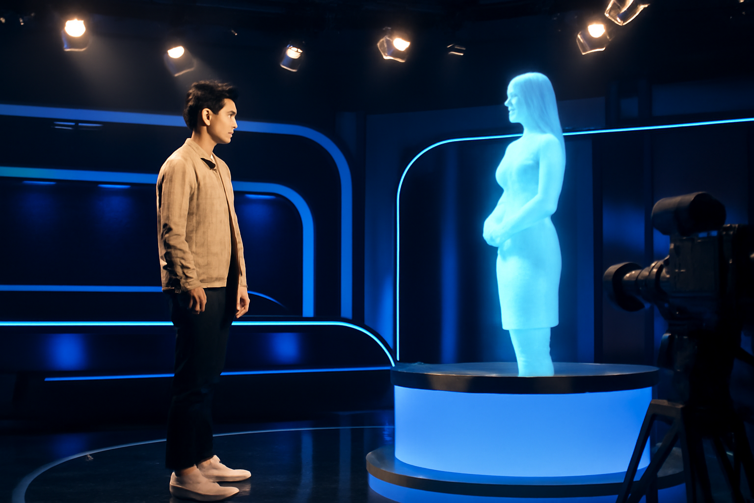 A contestant on a brightly lit television stage facing a glowing holographic avatar across a dating-show set