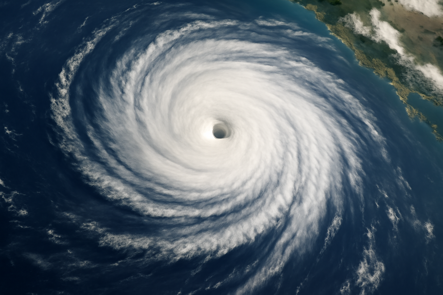 Satellite view of a large, well-defined hurricane spinning over open ocean water near a coastline