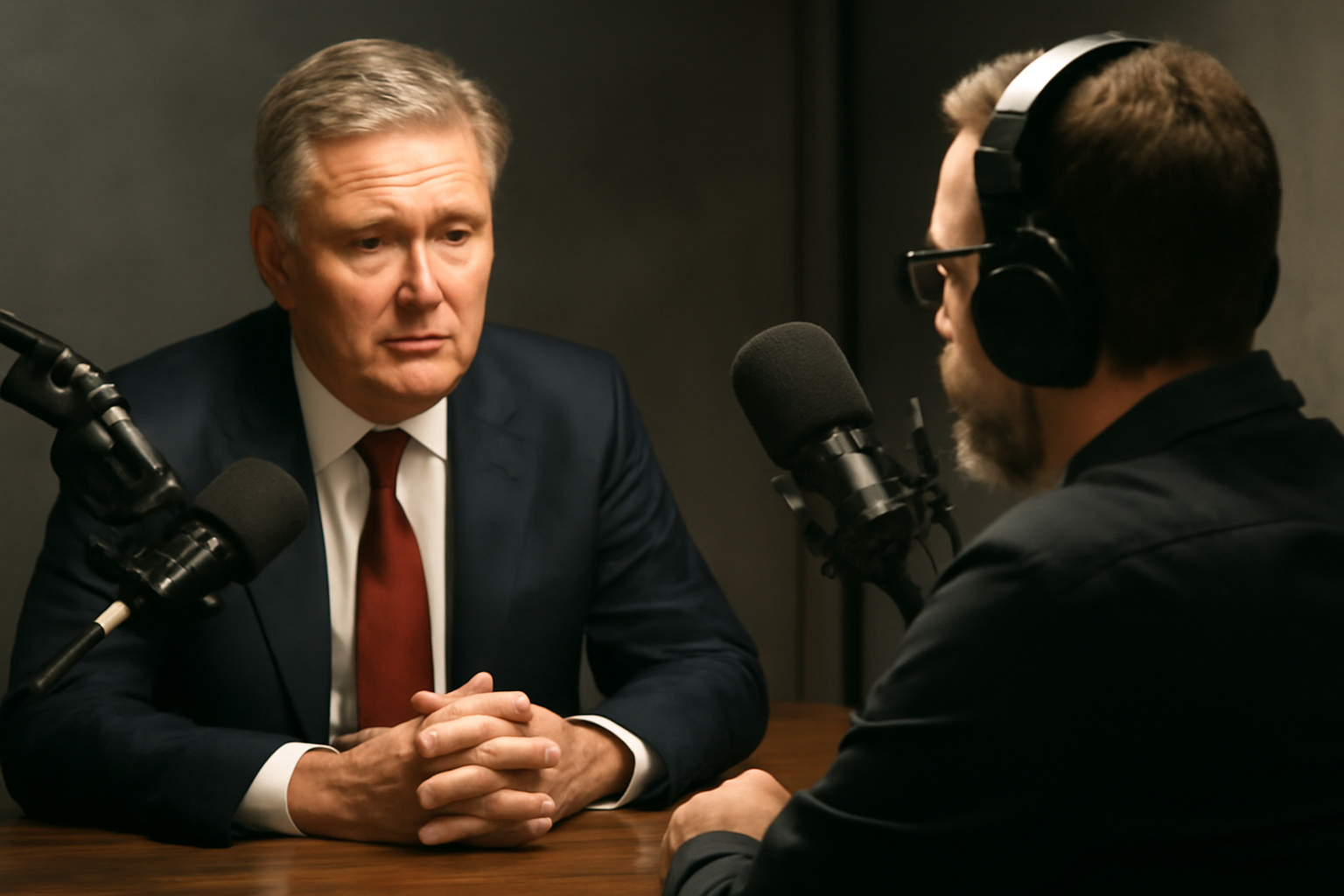 A governor seated in a podcast studio speaking into a microphone during a recorded interview about artificial intelligence policy