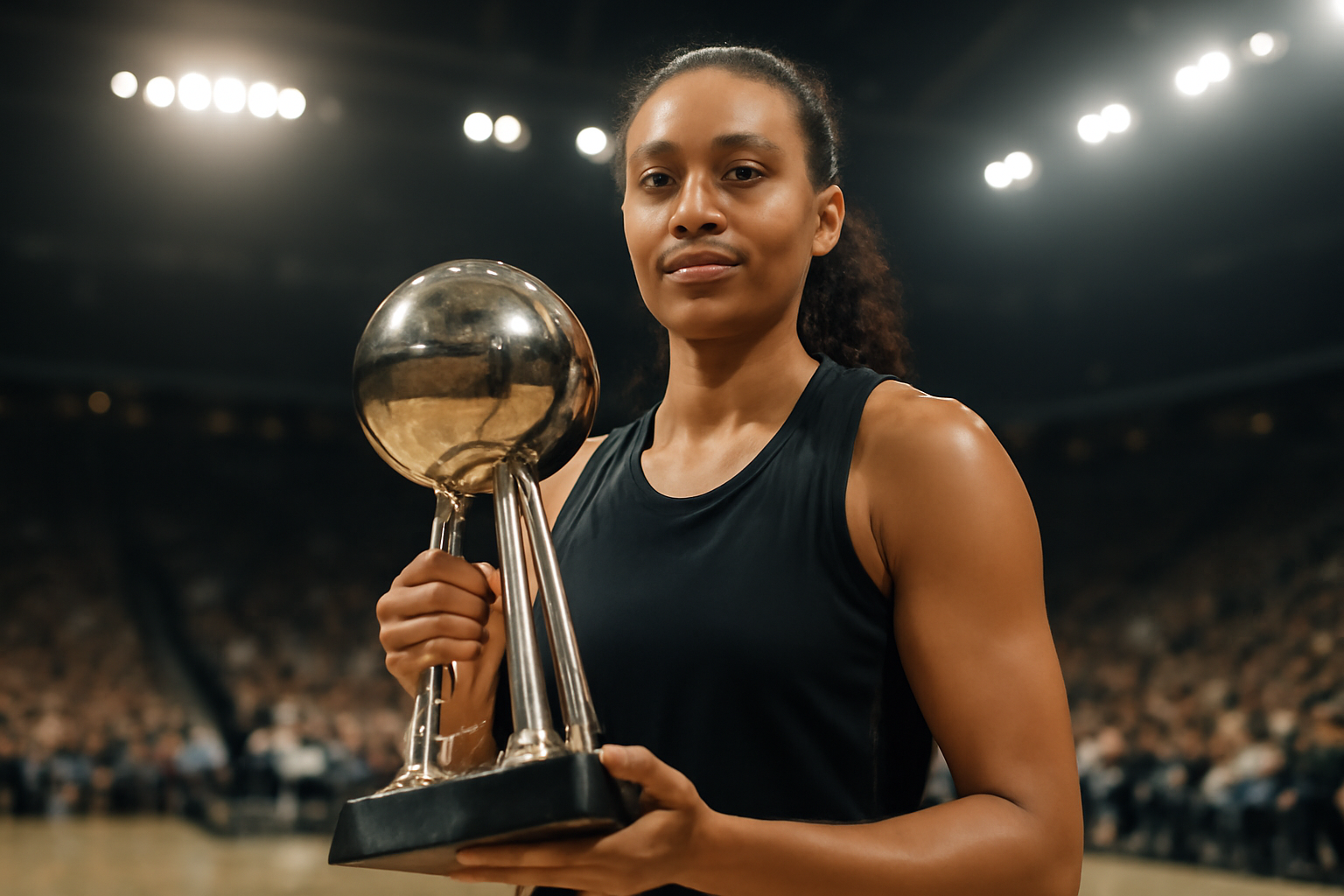 A basketball player in a Las Vegas Aces jersey holding a trophy on a WNBA court