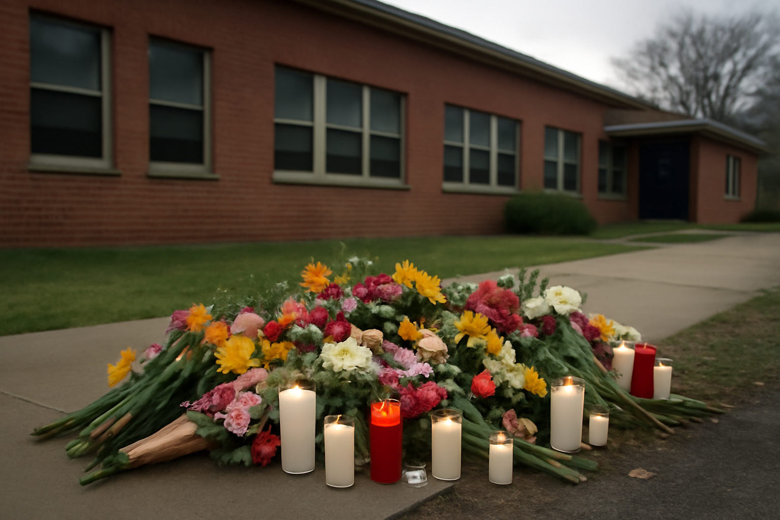 Flowers and candles placed at a makeshift memorial outside an elementary school in Bend, Oregon