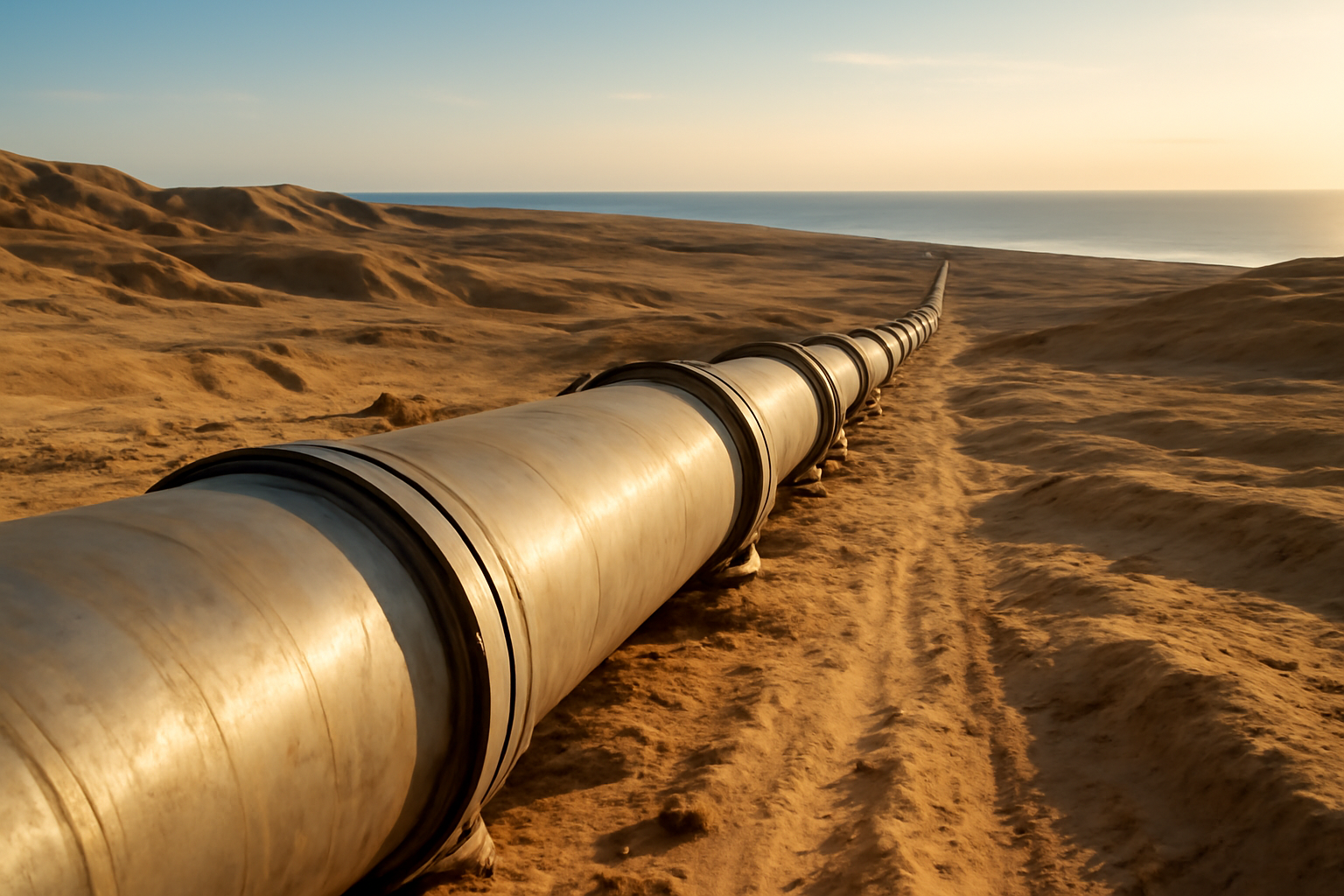 A long-distance oil pipeline crossing an arid desert landscape toward a coastal horizon