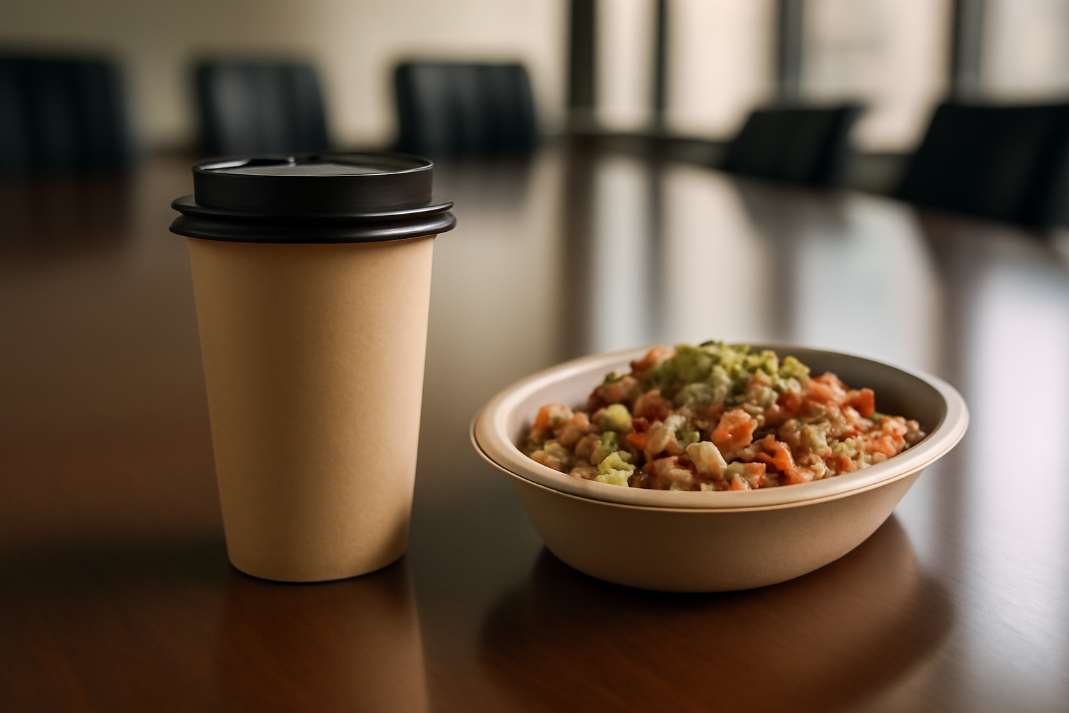 A coffee cup and a burrito bowl sit together on a conference table