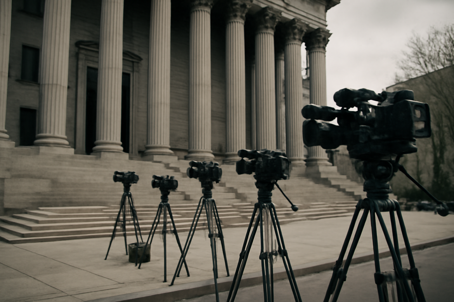 Exterior of a federal courthouse with press cameras set up outside the entrance