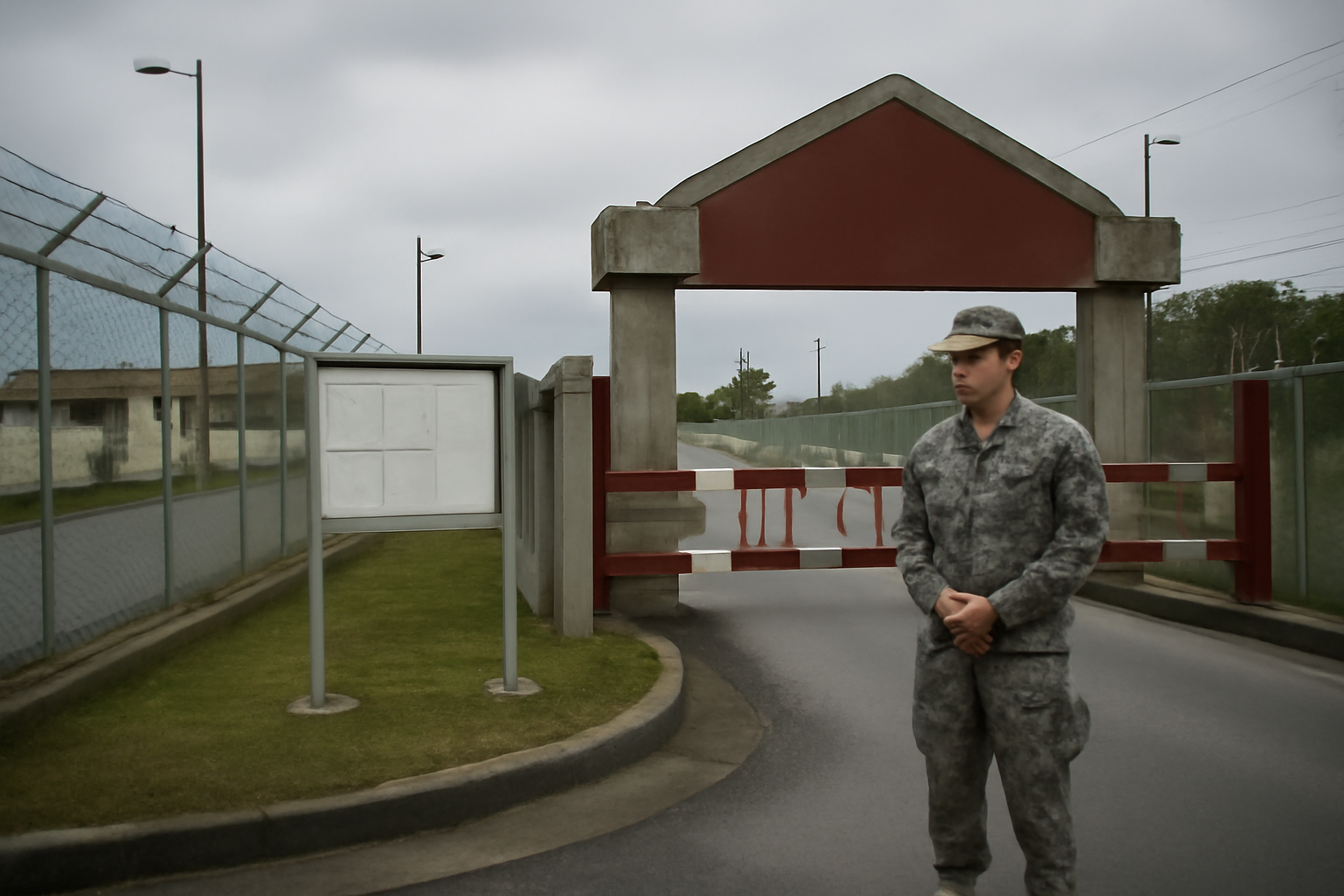 U.S. military gate entrance on Okinawa with a posted curfew notice