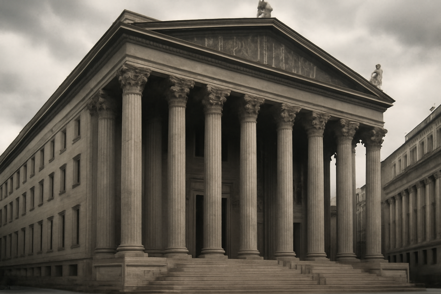 Exterior of a New York state courthouse with granite columns under gray sky