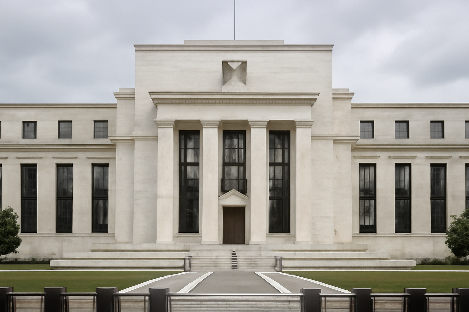 Exterior of the Federal Reserve building in Washington with classical stone columns