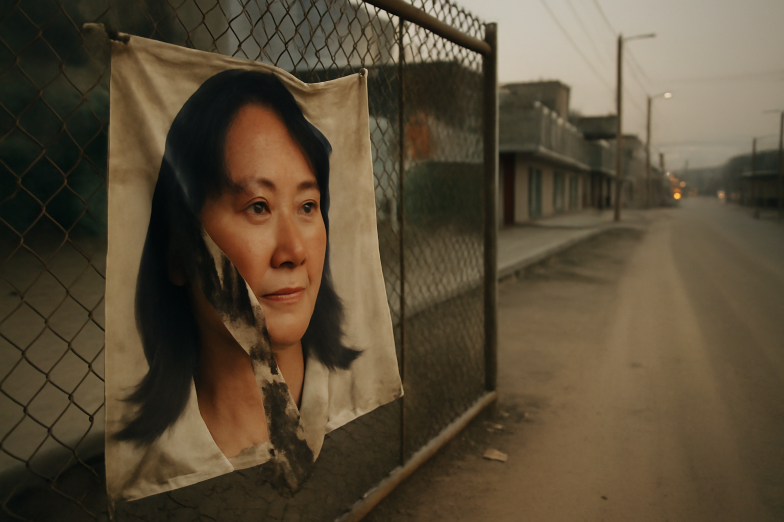 A campaign banner with a candidate's photo hangs on a wire fence along a Lima street at dusk.
