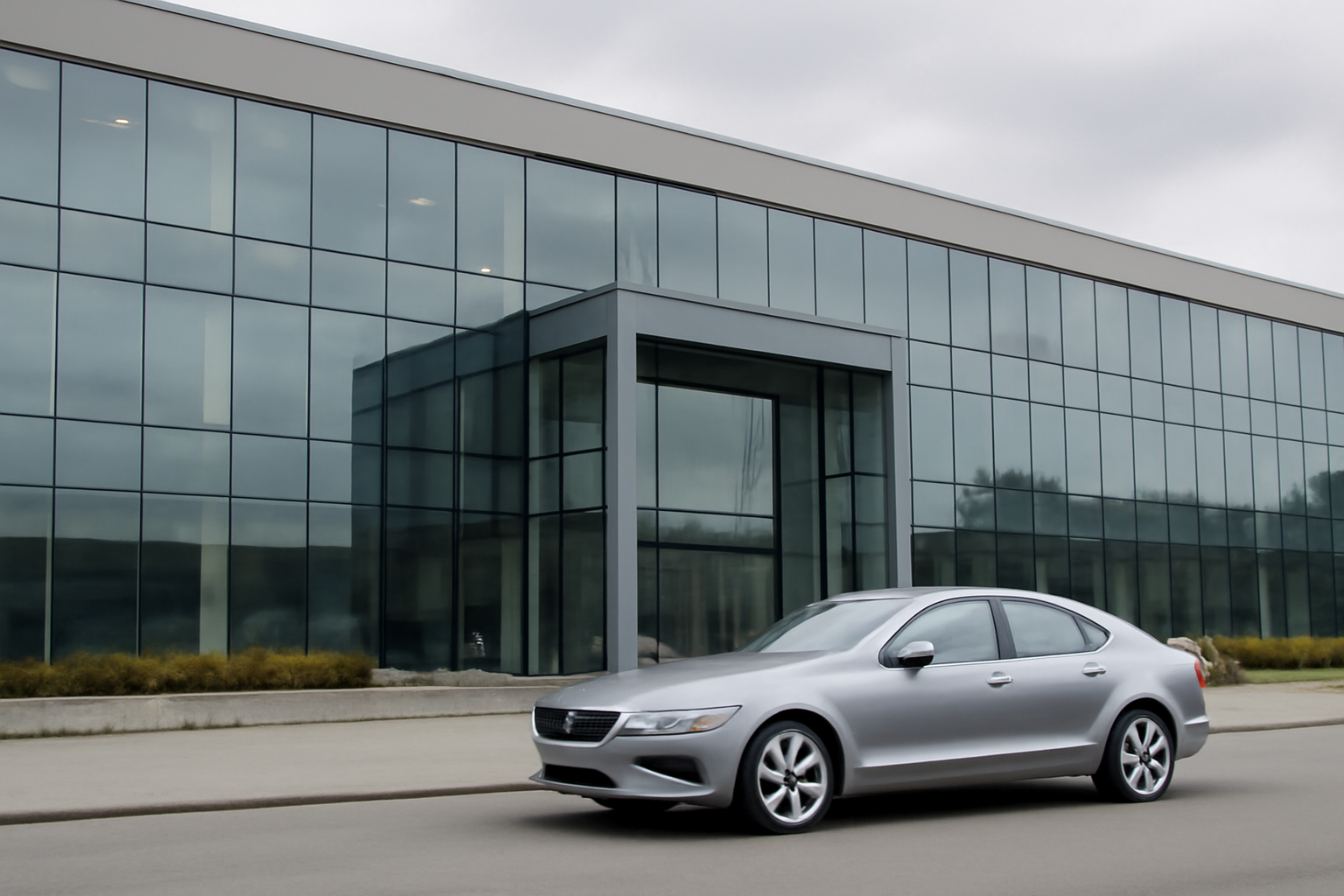 A silver Volvo sedan parked outside a corporate headquarters building with glass facade