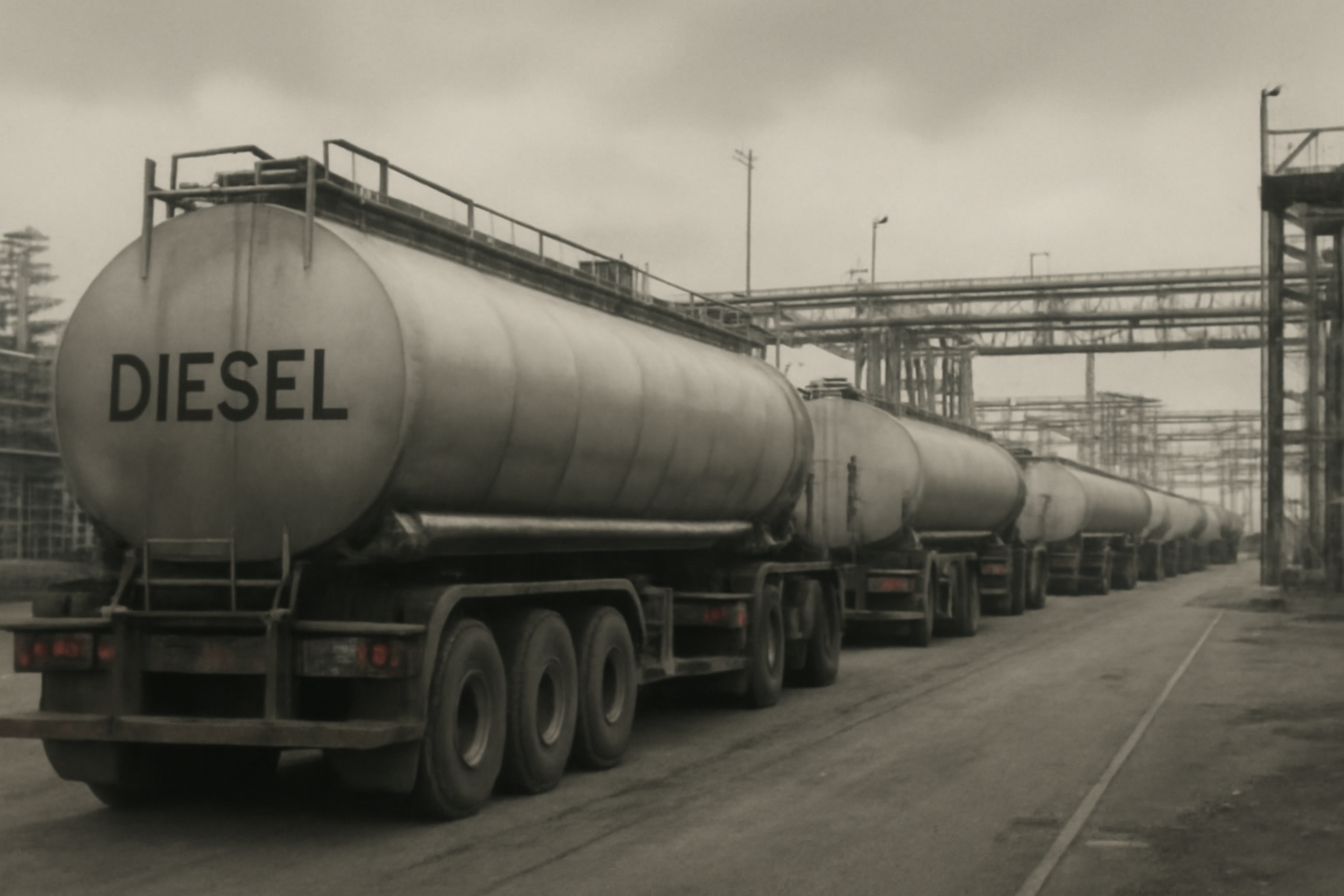 Diesel fuel tanker trucks lined up at an export terminal under an overcast sky