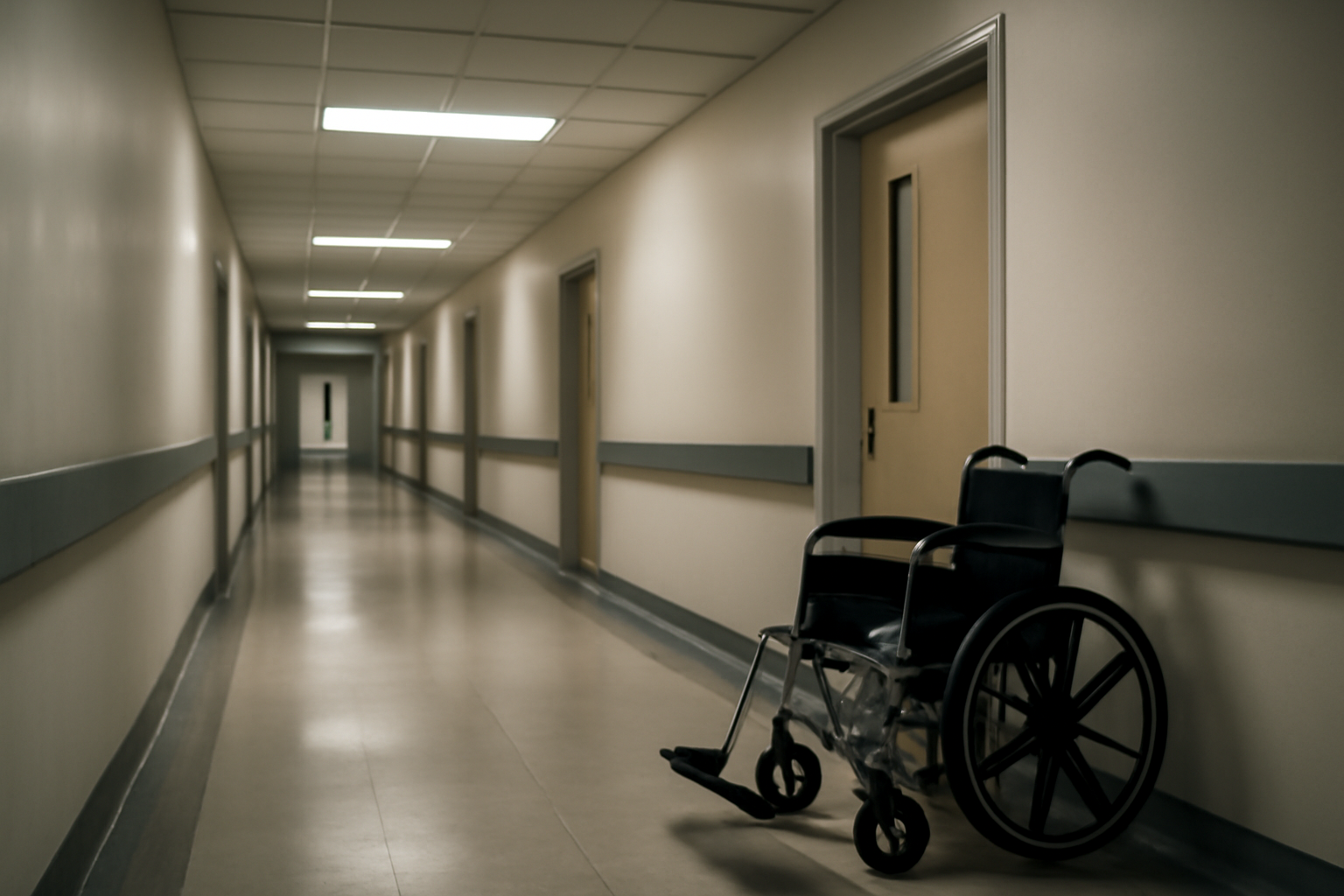 Empty hospital corridor with wheelchair beside a closed office door, symbolizing delayed social care reform