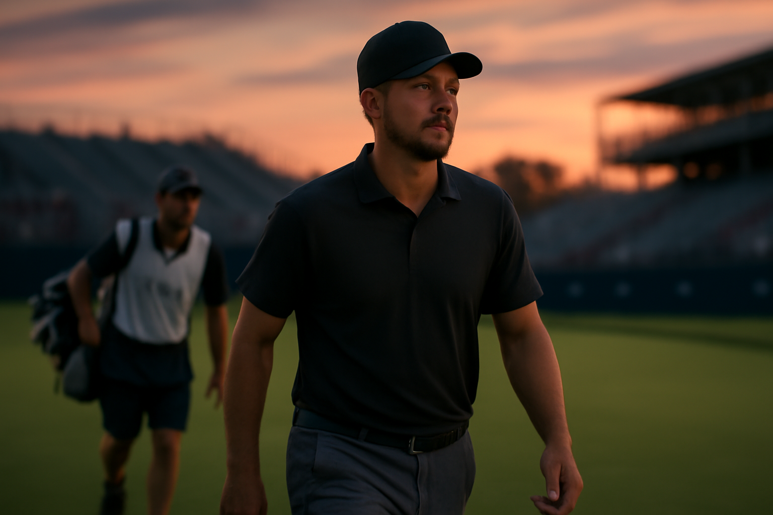 Golfer in LIV Golf gear walking off the 18th green at a tournament