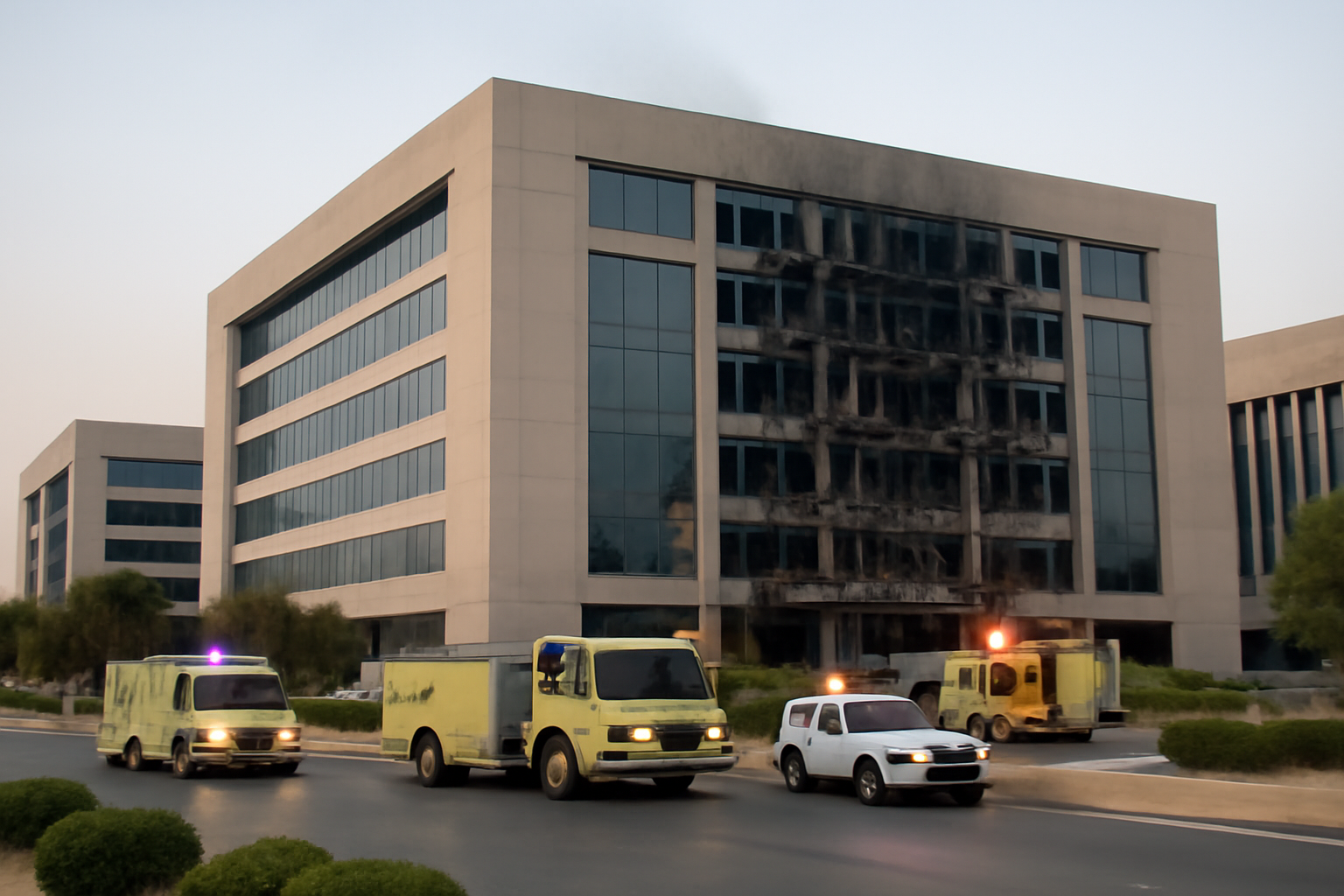 Exterior view of a large corporate office complex in Dhahran, Saudi Arabia, with visible structural damage