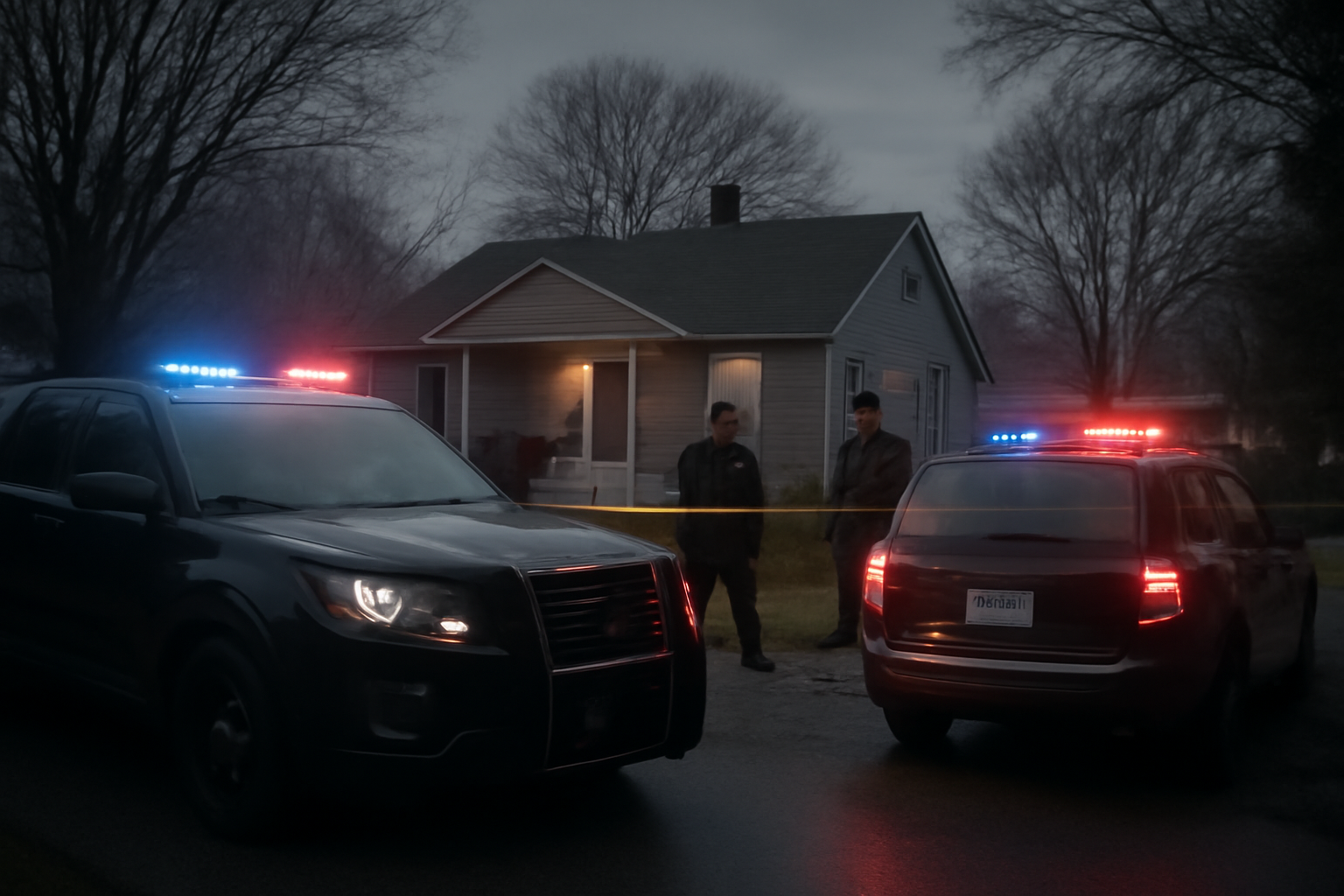 Police vehicles and officers gathered outside a residential home at night after a shooting in Erie, Pennsylvania