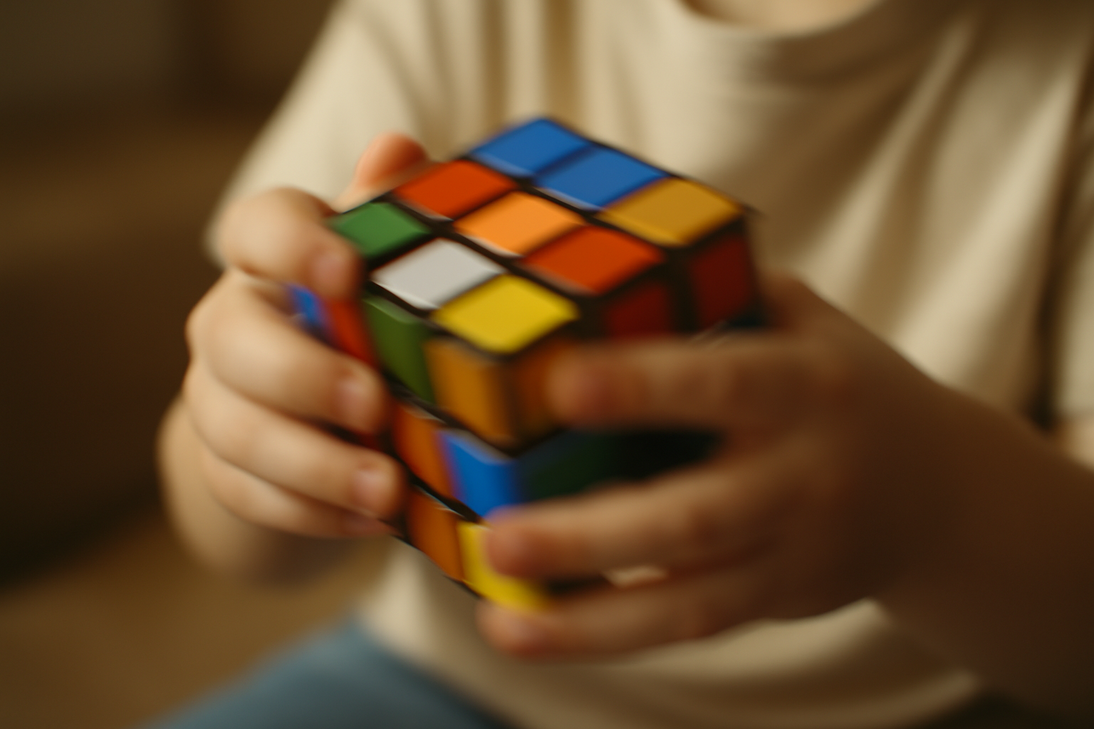 Small child's hands twisting a colorful Rubik's Cube at high speed