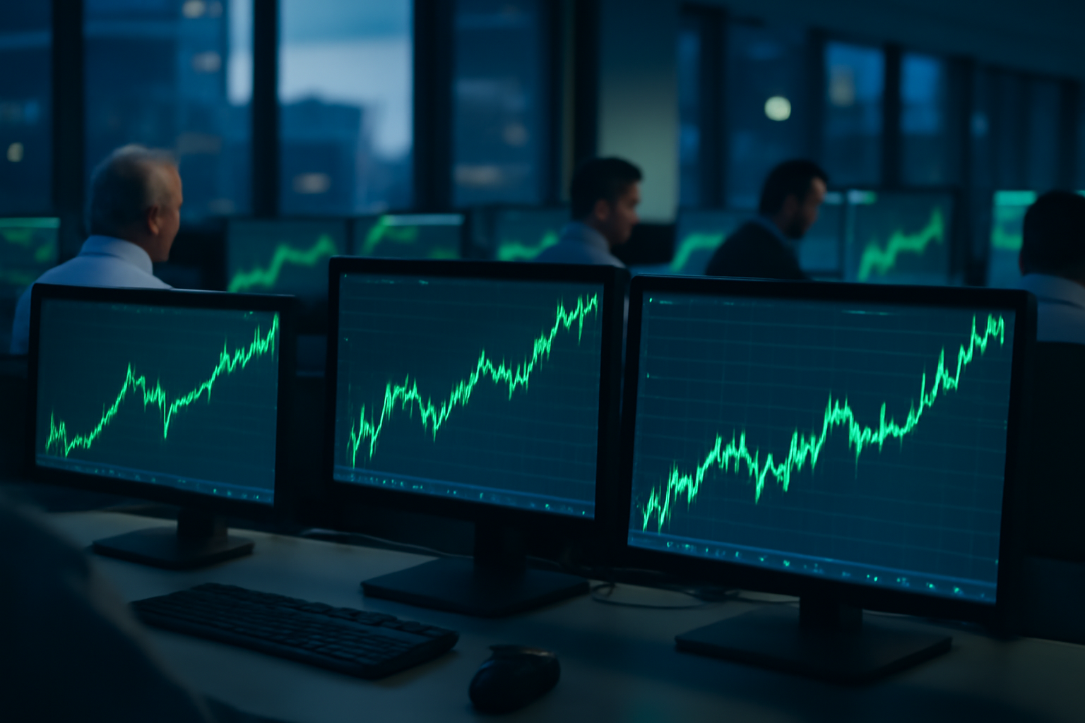Trading floor monitors showing an upward-trending US dollar exchange rate chart against a backdrop of global currency tickers