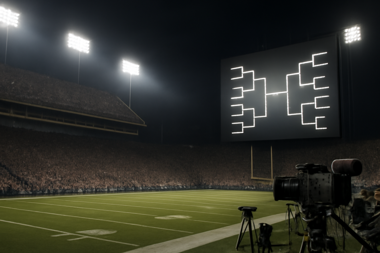 College football stadium at night with a scoreboard showing playoff bracket graphics