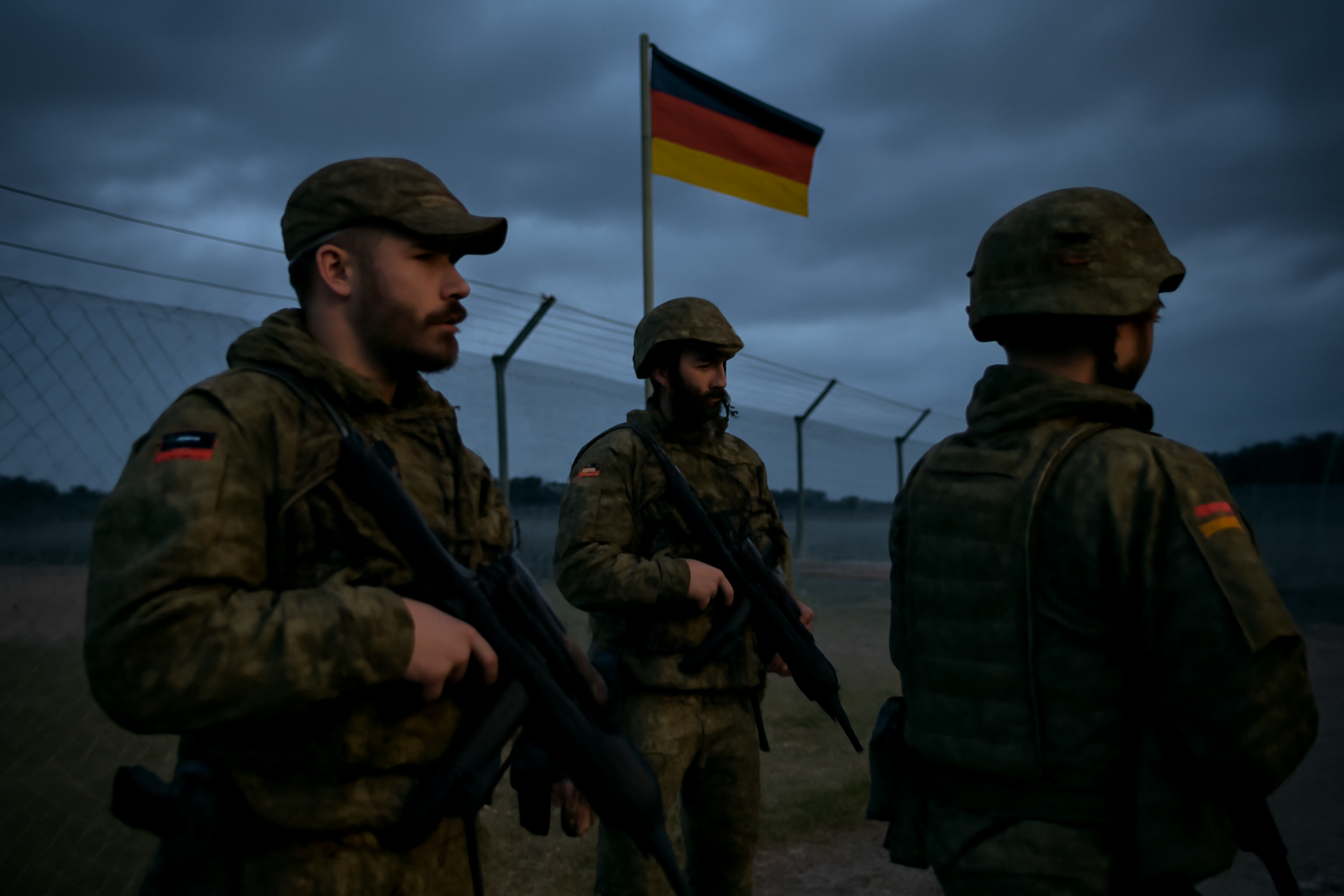 German soldiers standing guard near a fenced military installation at dusk