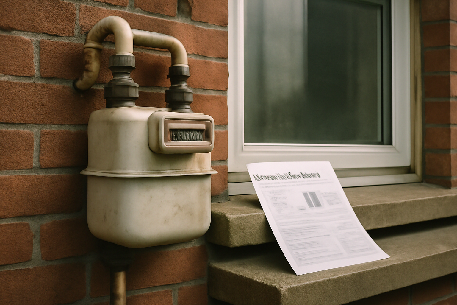 A UK household gas meter beside a printed energy bill on a kitchen counter