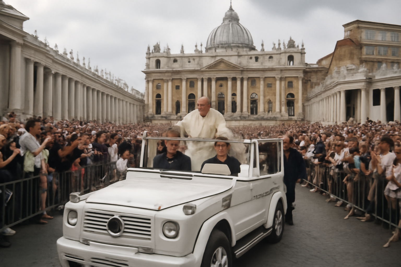 Popemobile moving slowly through a crowded St. Peter's Square with the basilica dome in the background