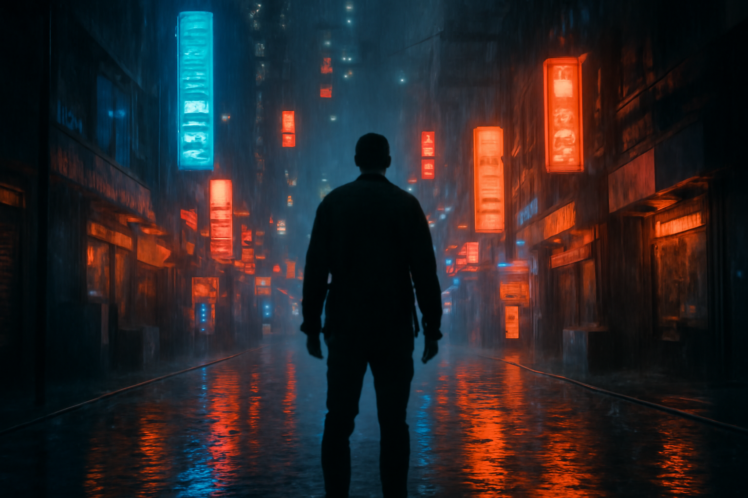 A replicant figure stands against a rain-soaked neon skyline evoking a Blade Runner sequel series
