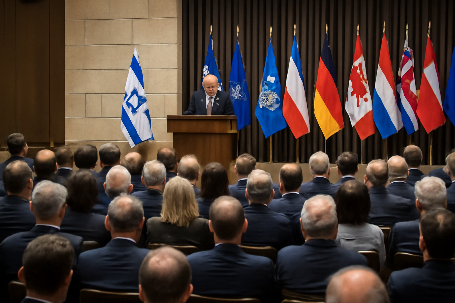 Delegates seated in rows at a National Conservatism conference hall with national flags displayed on stage