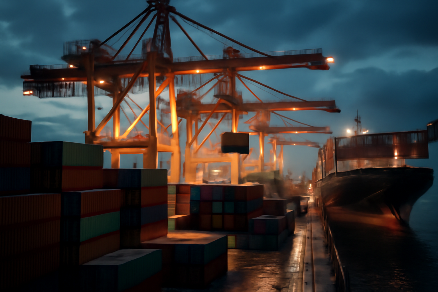 Shipping containers stacked at a Chinese port with cranes loading cargo bound overseas